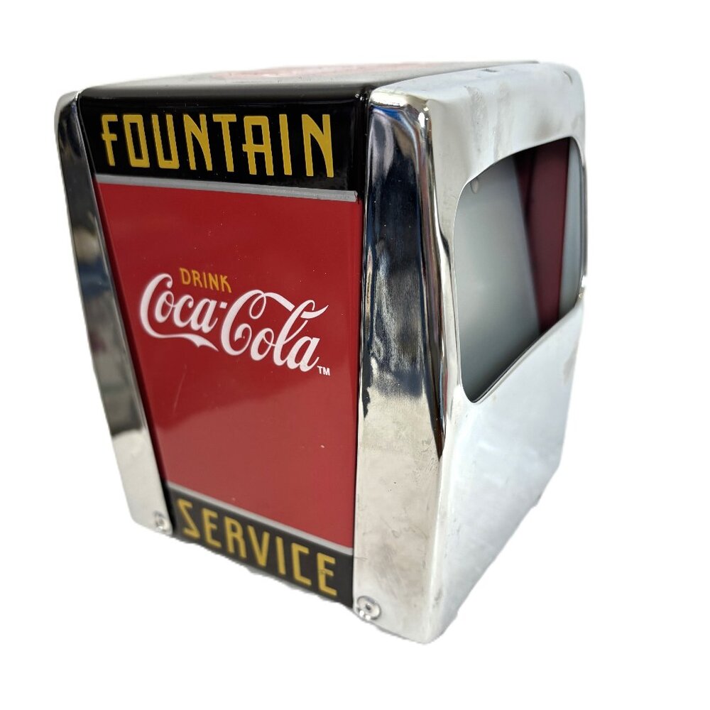 * COCA-COLA "Fountain Service" Red Blk Metal & Chrome Napkin Dispenser VTG  90's